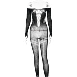 Hot Diamond Perspective Hollow Open Back Long Sleeved Jumpsuit