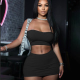 Solid Color Chest Wrapped Top High Waist and Buttocks Wrapped Short Skirt Set