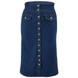 Large Size Women's Denim Button Up High Waisted Fake Pocket Skirt