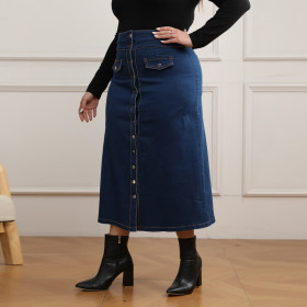 Large Size Women's Denim Button Up High Waisted Fake Pocket Skirt