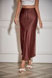 Satin Long Skirt with High Waist and Drawstring Tied Solid Color Skirt