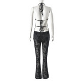 V-neck Sleeveless Long Pants with Lace Up and Transparent Jumpsuit