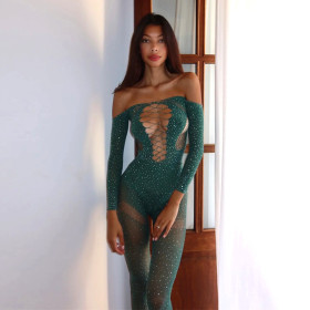 Hot Diamond Perspective Hollow Open Back Long Sleeved Jumpsuit