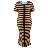 Knitted Striped Printed Short Sleeved Round Neck Dress