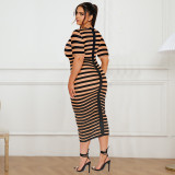 Knitted Striped Printed Short Sleeved Round Neck Dress