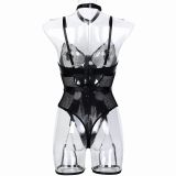 PU Patent Leather Patchwork Mesh Hollow Perspective Metal Chain Fun Jumpsuit