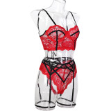 Three Piece Set of Lace Lingerie with Complex Cross Straps on the Back