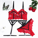 Three Piece Set of Lace Lingerie with Complex Cross Straps on the Back