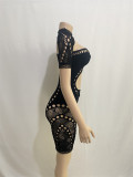 Solid Color Strapless Hollowed Out Diamond Studded Navel Exposed Short Sleeved Shawl with Hip Wrap Dress