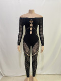 Solid Color One Shoulder Long Sleeved Hollowed Out Diamond High Waisted Knitted Jumpsuit
