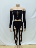 Solid Color One Line Collar Sleeveless Navel Exposed Top Perforated Tight Pants Set