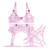 Geometric Irregular Pink Embroidered Hollow Butterfly Underwear Three Piece Set