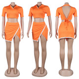 Flip Collar Side Open Short Sleeved Two-piece Nightclub Dress Set