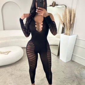 Solid Color Neck Hanging Sleeve Hollow Out Transparent Backless Tight Jumpsuit