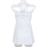 Elastic Mesh Round Illuminated Piece with Perspective Suspender Skirt Tied with a Bow at the Back, Cute Sleeping Dress