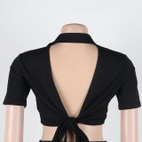 Flip Collar Side Open Short Sleeved Two-piece Nightclub Dress Set