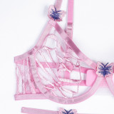Geometric Irregular Pink Embroidered Hollow Butterfly Underwear Three Piece Set