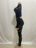 Solid Round Neck Long Sleeved Hollowed Out Diamond Patchwork High Waisted Jumpsuit