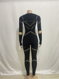 Solid Round Neck Long Sleeved Hollowed Out Diamond Patchwork High Waisted Jumpsuit