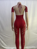 Solid Color Neck Hanging Sleeveless Hollow Diamond High Waisted Lace Jumpsuit