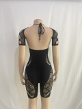 Solid Color Neck Hanging Sleeveless Transparent Hollow High Waisted Diamond Inlaid Lace Jumpsuit Shorts