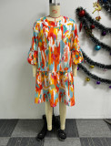Printed Patchwork Lace V-neck Lantern Sleeve Colorful Dress
