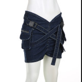 Pocket Workwear Denim Skirt Cross Pleated V-shaped Short Skirt