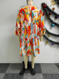 Printed Patchwork Lace V-neck Lantern Sleeve Colorful Dress