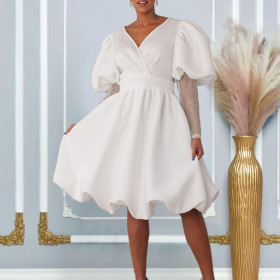V-neck Large Hem Bubble Sleeve Banquet Dress Bridesmaid Dress