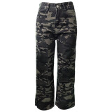 Washed Pocket Workwear Pants Camouflage Straight Leg Jeans