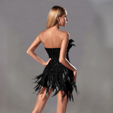 Feather Sequin Strapless Dress