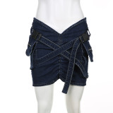 Pocket Workwear Denim Skirt Cross Pleated V-shaped Short Skirt