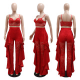 Slim Fit Flared Pants Lace Solid Color Two-piece Set