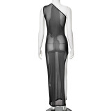 Mesh Perspective Printed Slanted Shoulder Slit Dress
