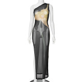 Mesh Perspective Printed Slanted Shoulder Slit Dress