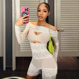 Lace Patchwork Hollowed Out Long Sleeved Off Shoulder Jumpsuit Shorts