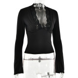 Long Sleeved Slim Fit V-neck Patchwork Lace Lace Top
