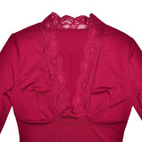 Long Sleeved Slim Fit V-neck Patchwork Lace Lace Top