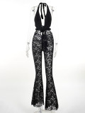 Hollow Lace Perspective Micro Flared Jumpsuit