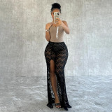 High Waisted Skirt with Lace Slit and Hip Wrap Skirt