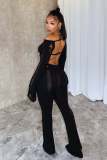 Leisure Hollowed Out and Perforated Open Back Knitted Buttocks Slim Fit Jumpsuit