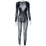 Perspective Hollow Sexy Butterfly Long Sleeved Jumpsuit