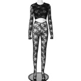 Lace Patchwork Long Sleeved Hollow Out Jumpsuit with Exposed Navel