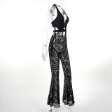 Hollow Lace Perspective Micro Flared Jumpsuit