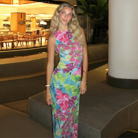 Leisure Sleeveless Strapless Backless Floral Print Slim Fit Long Dress