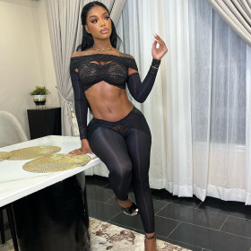 Lace Mesh Sexy Long Sleeved Yoga Pants with Exposed Navel