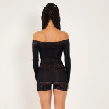 Lace Patchwork Hollowed Out Long Sleeved Off Shoulder Jumpsuit Shorts