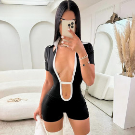 POLO Neck Tight Fitting Jumpsuit Casual Shorts