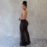 High Waisted Skirt with Lace Slit and Hip Wrap Skirt