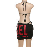 Hanging Neck Tie Up Top High Waist Buttocks Wrapped Short Skirt Bikini Set